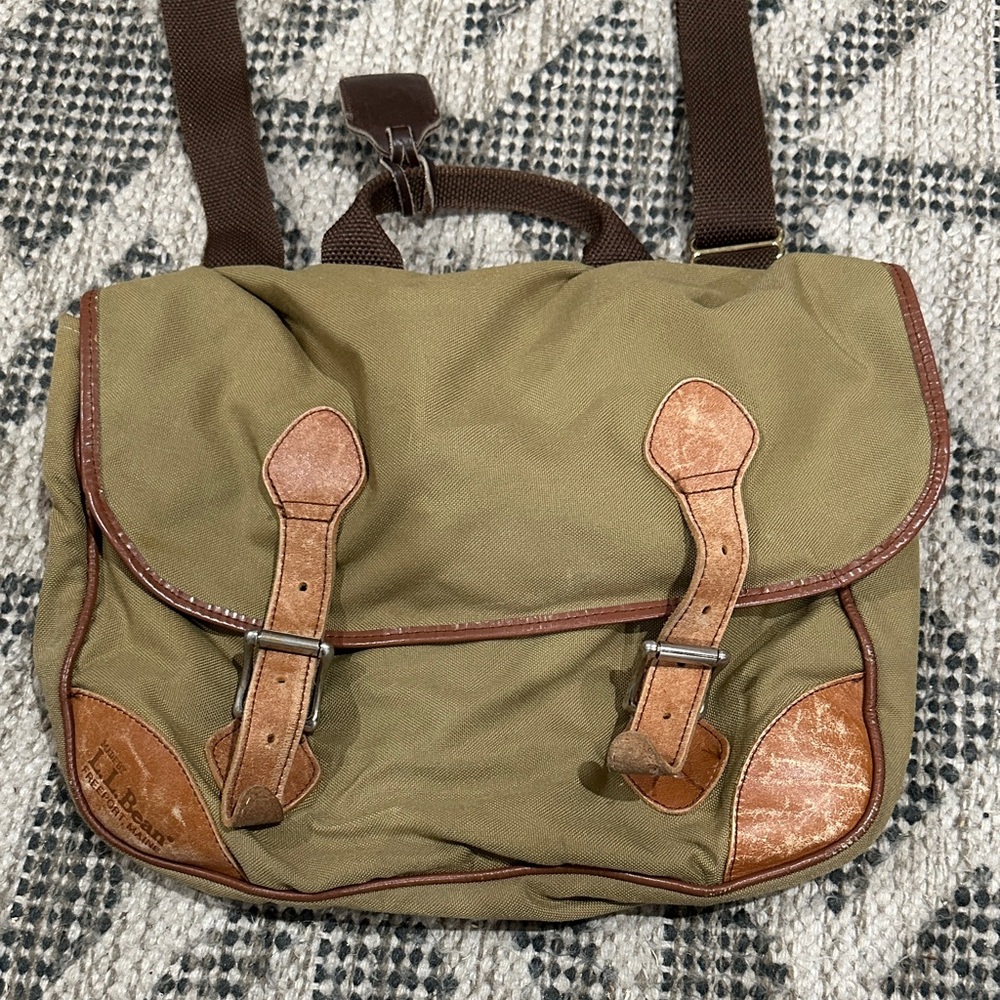 LLBean Olive Green Canvas Messenger Bag with Brown Leather Accents